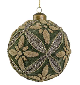 Hovedbilde Julekule gr&oslash;nn velour og perler i s&oslash;lv og gull ...